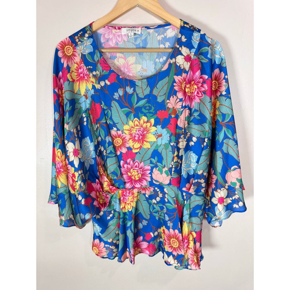 Umgee Floral Print Peplum Top Flutter Sleeve XL Hawaiian Beach Vacation Bohemian